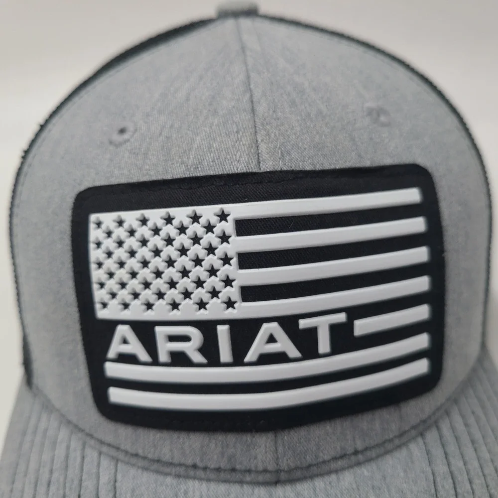 Youth Ariat Hat Snapback Trucker Mesh Gray Black American Flag Patch USA Outdoor